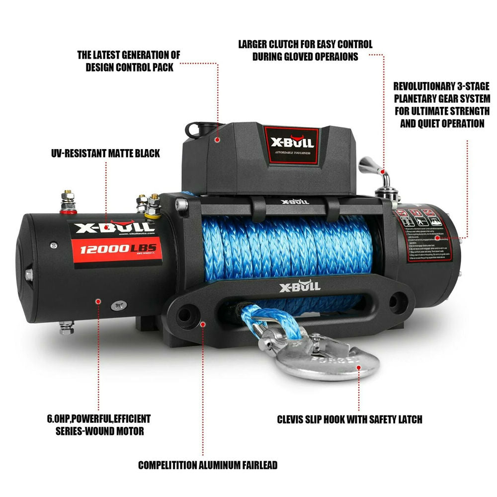 XBULL Electric Winch 12000LBS Synthetic Rope 12V 26M Wireless Remote