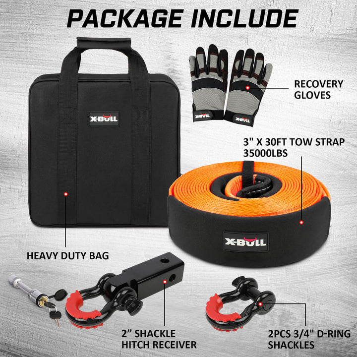 X-BULL recovery kit with shackle hitch receiver tow strap D-Ring shackles gloves bag Off Road 4WD