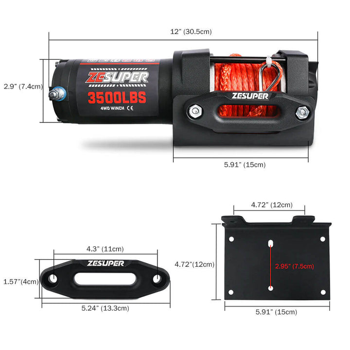 ZESUPER Electric Winch 12V 3500LBS Synthetic Rope Wireless Remote BOAT ATV UTV