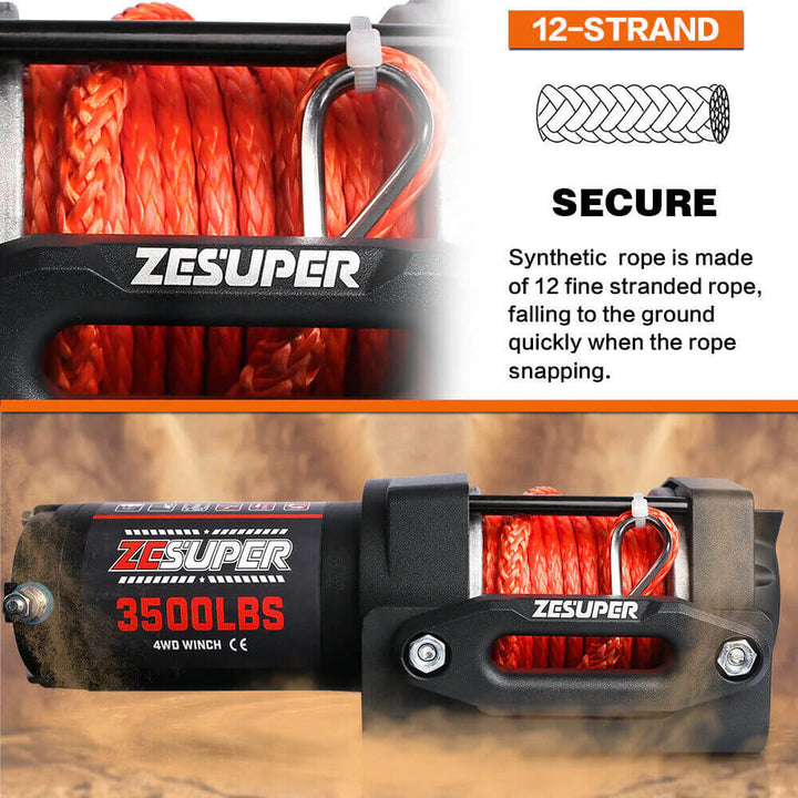 ZESUPER Electric Winch 12V 3500LBS Synthetic Rope Wireless Remote BOAT ATV UTV
